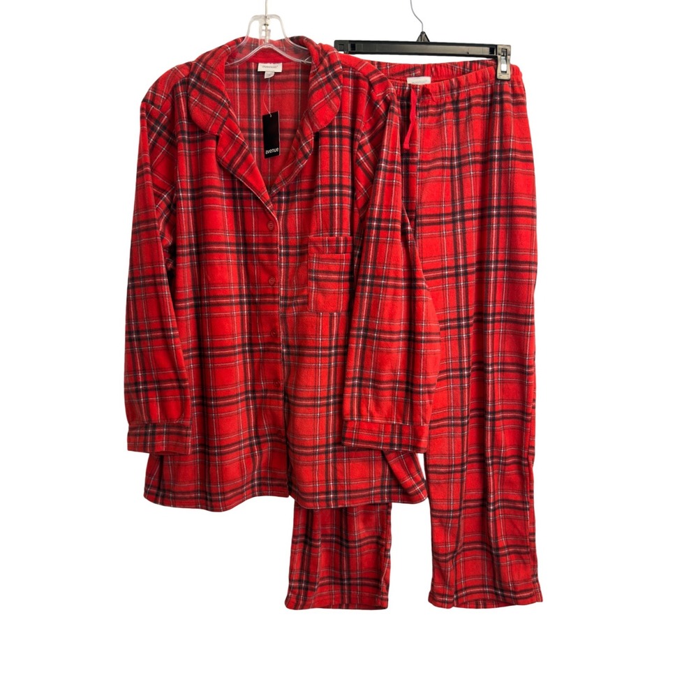 Avenue Womens Red Black Plaid‎ Fleece Pajama Set 2 Piece Sleepwear Plus Size 2X